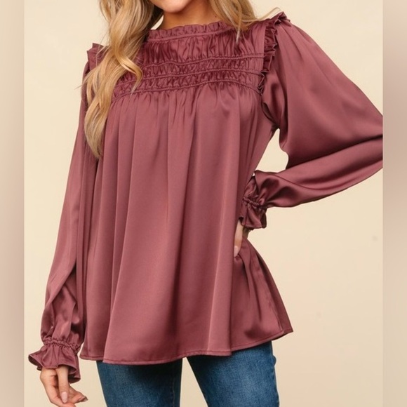 Mock Neck Satin Woven Blouse Chestnut - Picture 2 of 4